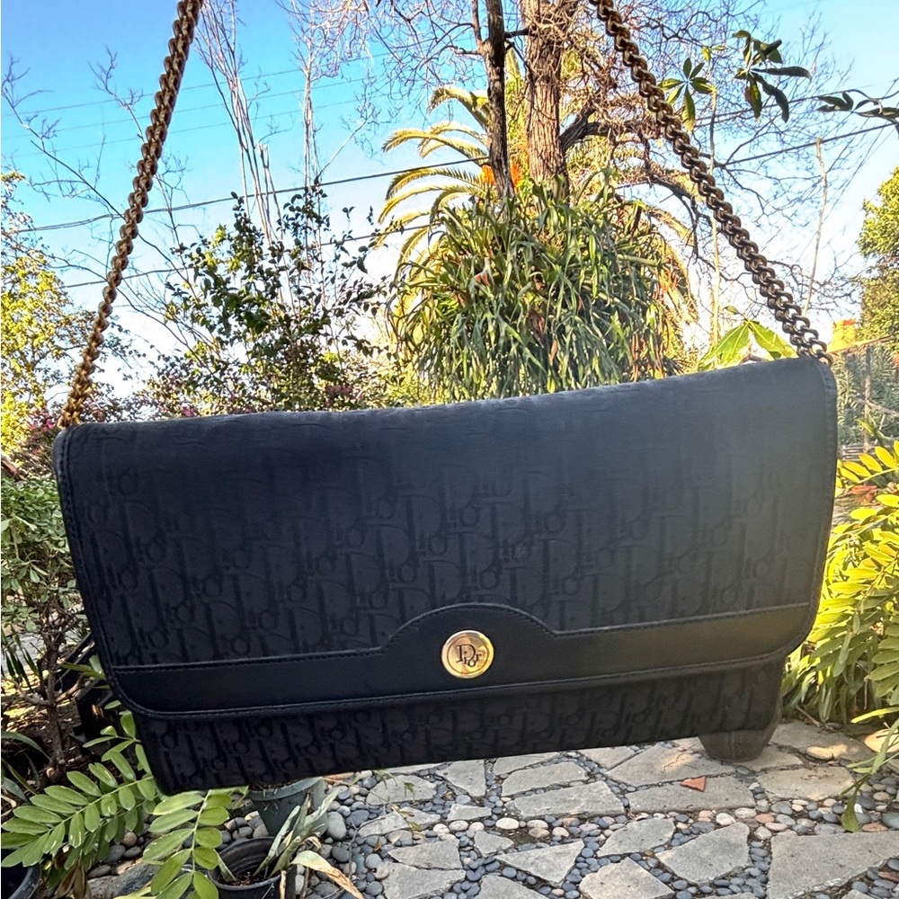 Christian Dior Vintage Elegant Black Monogram Bag with Gold Chain